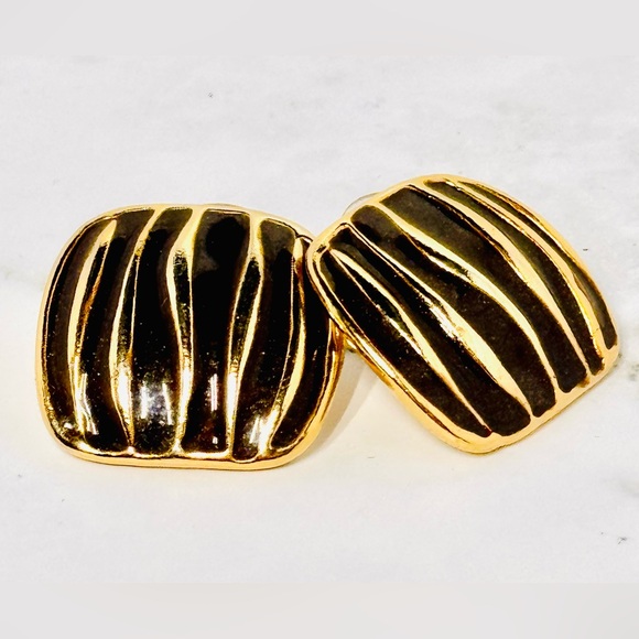 Rare Vintage Black Enamel Gold Tone Pierced Earrings Ernst Gideon Bek - Picture 3 of 4